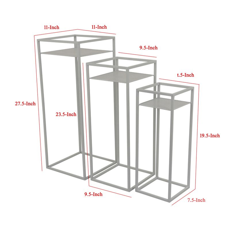Sano Plant Stand Table Set of 3, Mesh Pattern, White Metal, Square - Benzara