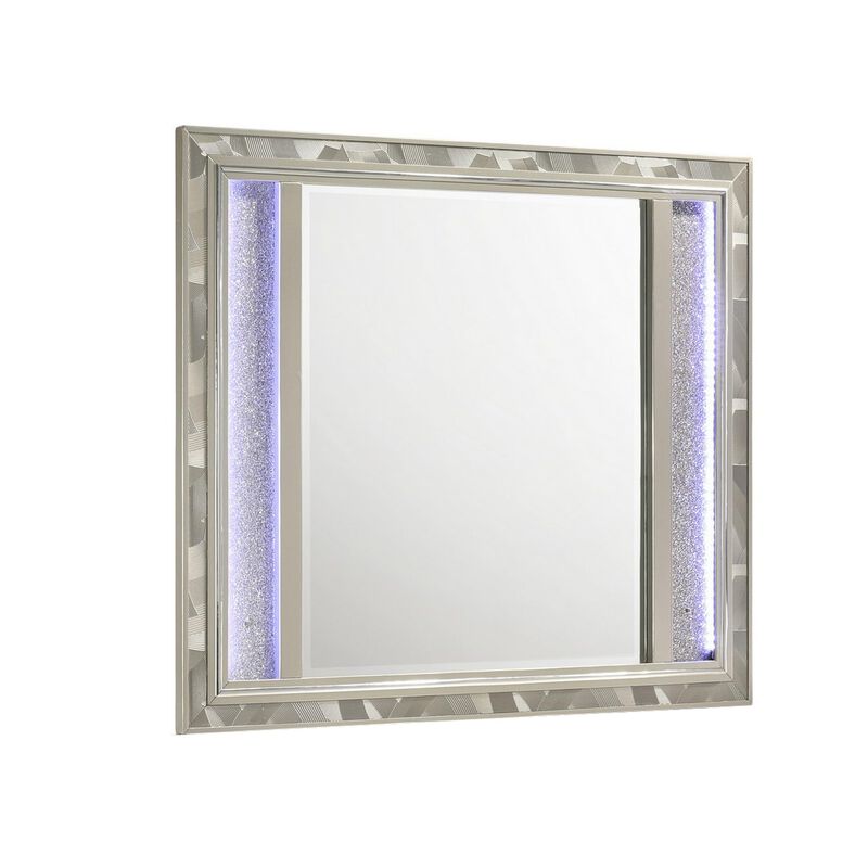 Benjara, Silver Bet 41 x 48 Dresser Mirror, Solid Wood Frame with Rhinestone Inlay