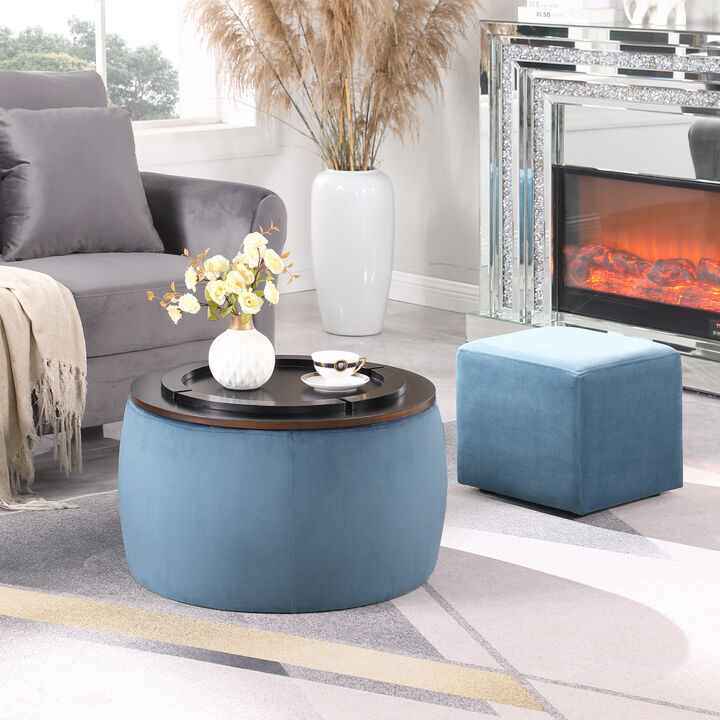Round Ottoman Set with Storage & Coffee Table - 2 in 1 Function