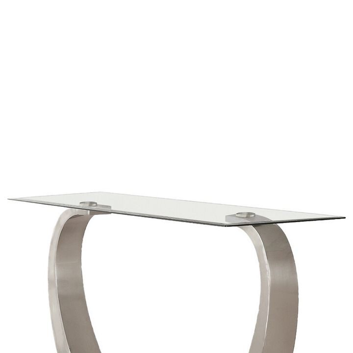 Floating Tempered Glass Top Sofa Table with Metal Support, Clear and Silver-Benzara