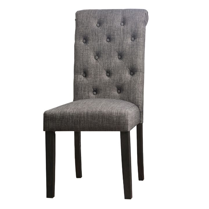 27 Inch Fabric Dining Chair, Button Tufted Rolled Back, Wood, Gray - Benzara