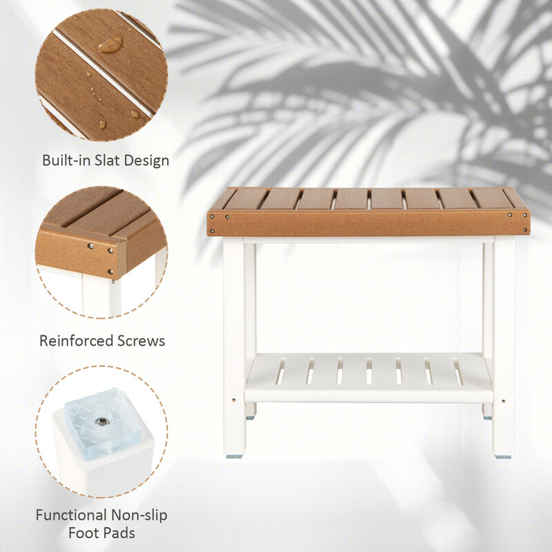 2-Tier HDPE Shower Chair with Storage Shelf and Anti-slip Foot Pads for Bath Spa-Brown