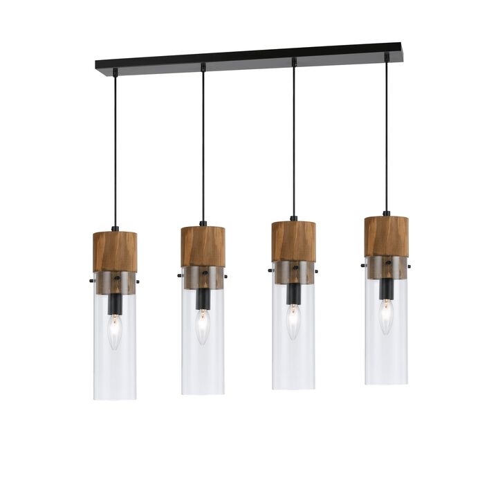 60 X 4 Watt Wood and Metal Fixture with Cylindrical Shades, Brown and Black - Benzara