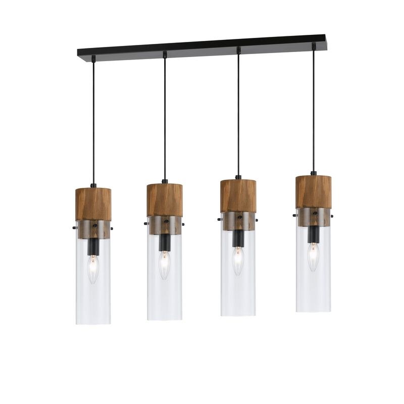 60 X 4 Watt Wood and Metal Fixture with Cylindrical Shades, Brown and Black - Benzara