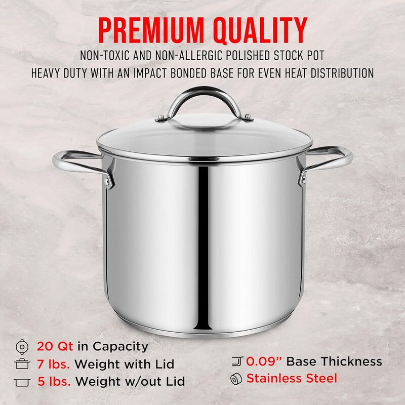 Bakken-Swiss Deluxe 20-Quart Stainless Steel Stockpot w/Tempered Glass See-Through Lid - Simmering Delicious Soups Stews & Induction Cooking - Exceptional Heat Distribution - Heavy-Duty & Food-Grade