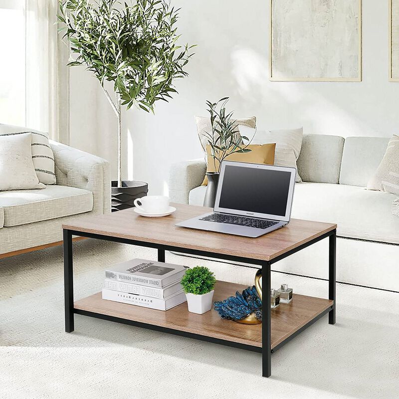 Hivvago Modern 2-Tier Metal Wooden Coffee Table in Natural Wood Finish