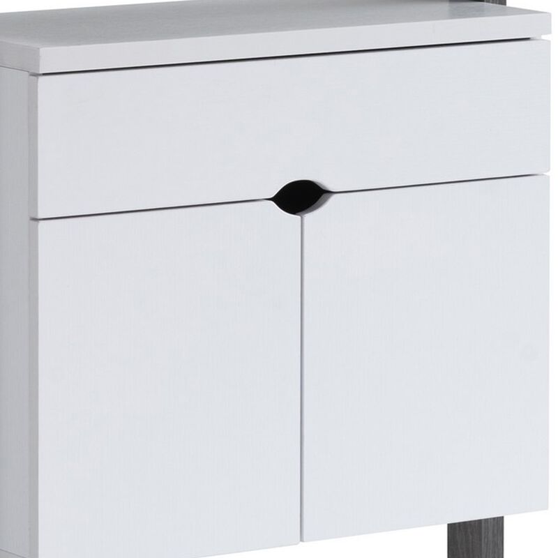65 Inch Modern Display Cabinet, 4 Shelves, Drawer, Distressed Gray, White - Benzara