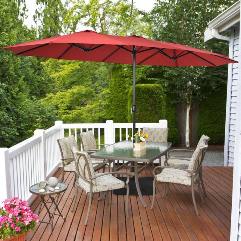 Hivvago 15 Feet Double-Sided Twin Patio Umbrella with Crank and Base