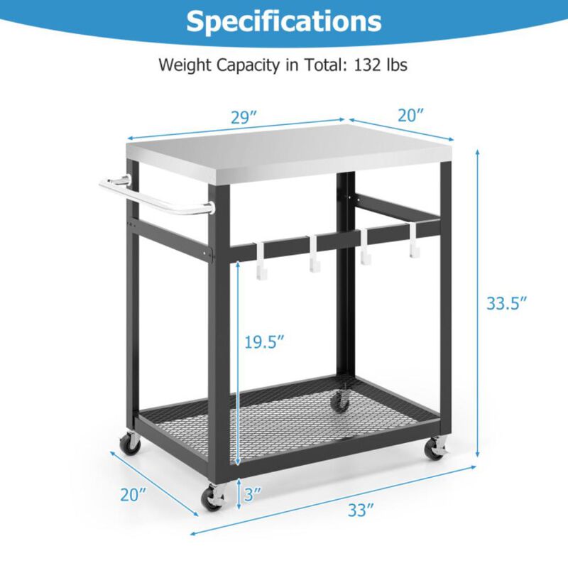 Hivvago 2-Tier Stainless Steel Grill Cart with 4 Hooks and Wheels BBQ Table