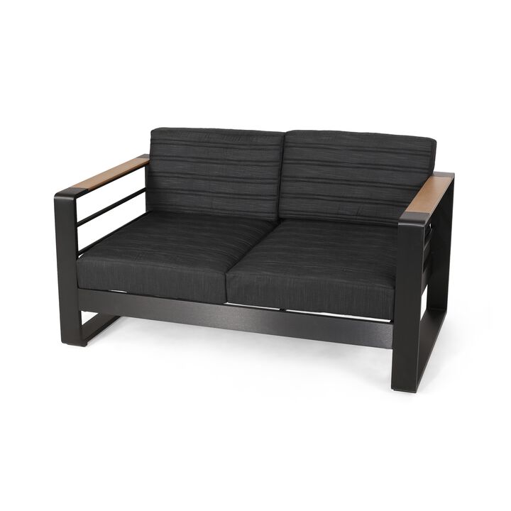 Vinia Loveseat, Outdoor Dark Gray Polyester, Wood Accents, Black, 57 Inch