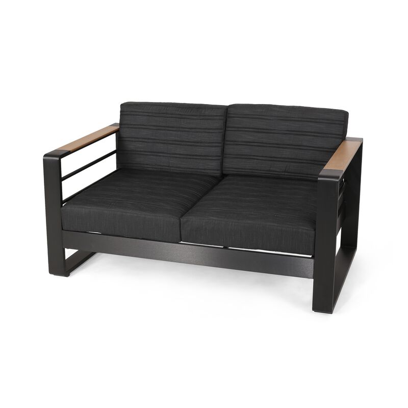 Vinia Loveseat, Outdoor Dark Gray Polyester, Wood Accents, Black, 57 Inch