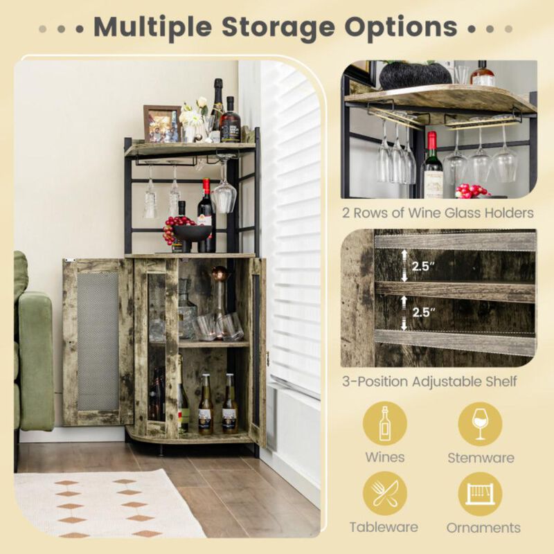 Hivvago Industrial Corner Bar Cabinet with Glass Holder and Adjustable Shelf