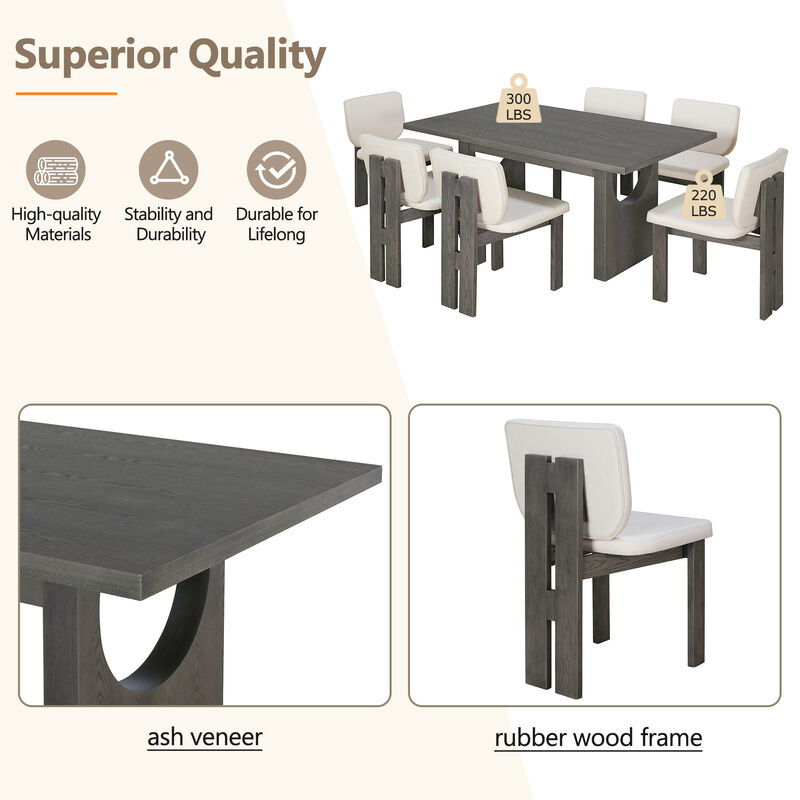 7-Piece Retro Dining Table Set for 6, 60" Wood Dining Table Set for 6 with Upholstered Chairs and Designed Trestle Base for kitchen & Dining Room (Grey)
