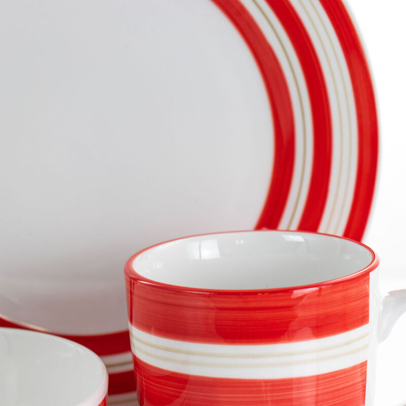 Gibson Home Sunset Stripes 12 Piece Round Fine Ceramic Dinnerware Set in Red
