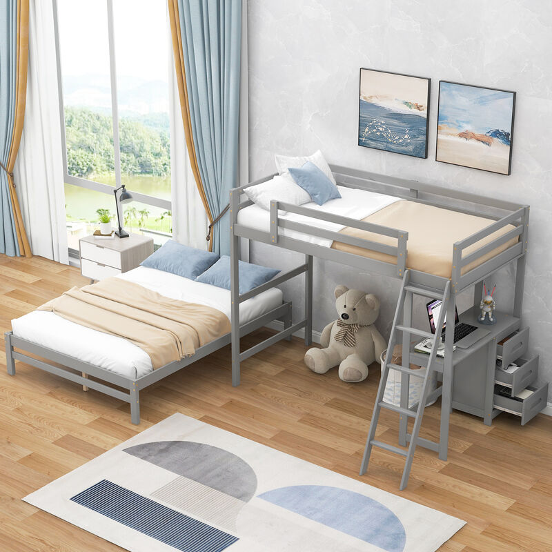 Merax Wood Bunk Bed with Desk and Three Drawers