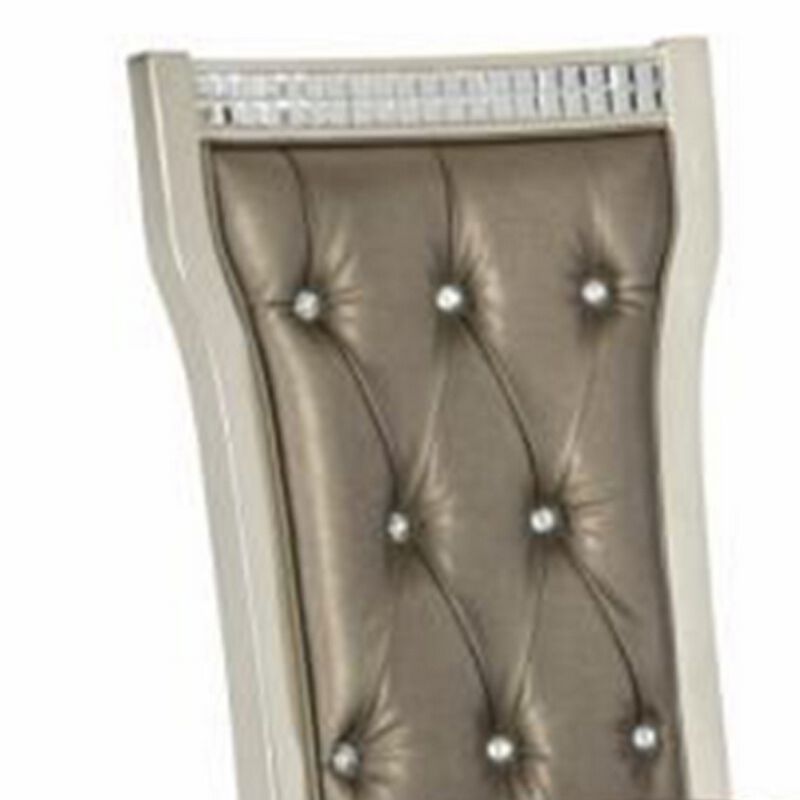 Lin 20 Inch Dining Side Chair Set of 2, Tufted Gray Faux Leather, Champagne - Benzara