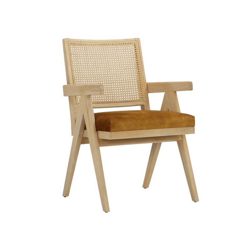 Isha 24 Inch Armchair with Cane Back, Gold Brown Velvet, Brown Wood Frame - Benzara