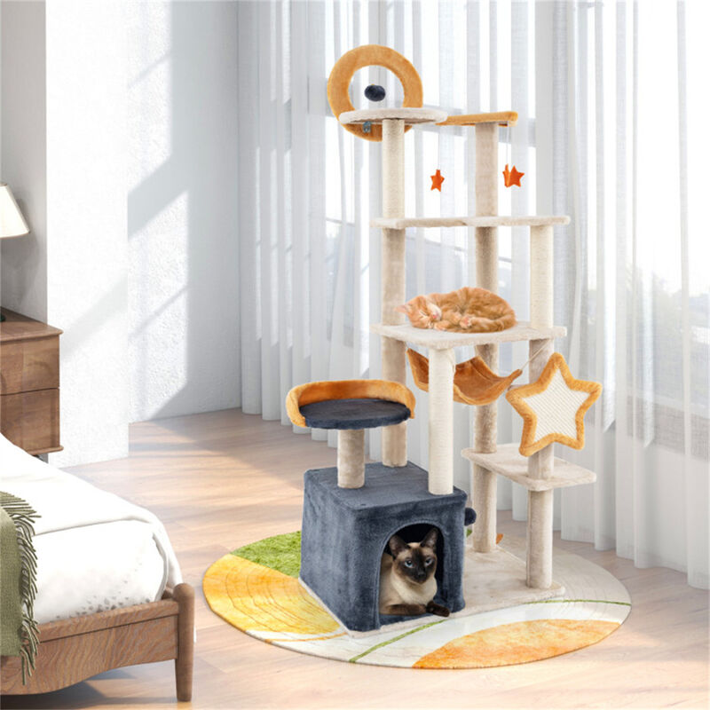 Multi-Stage Cat Tower with Scratch board and Toys for Indoor Cats