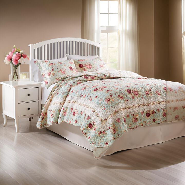 Rosle 3pc Full/Queen Size Bedspread Set, 2 Shams, Rose Print, Blue Cotton