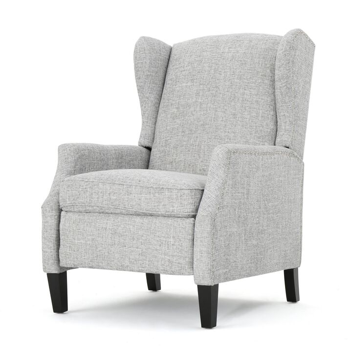 Nora Manual Recliner Lounge Chair, Wingback, Nailhead Trim, Gray - Benzara