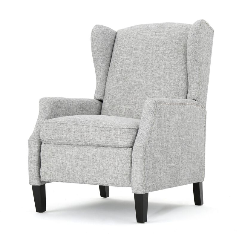 Nora Manual Recliner Lounge Chair, Wingback, Nailhead Trim, Gray - Benzara