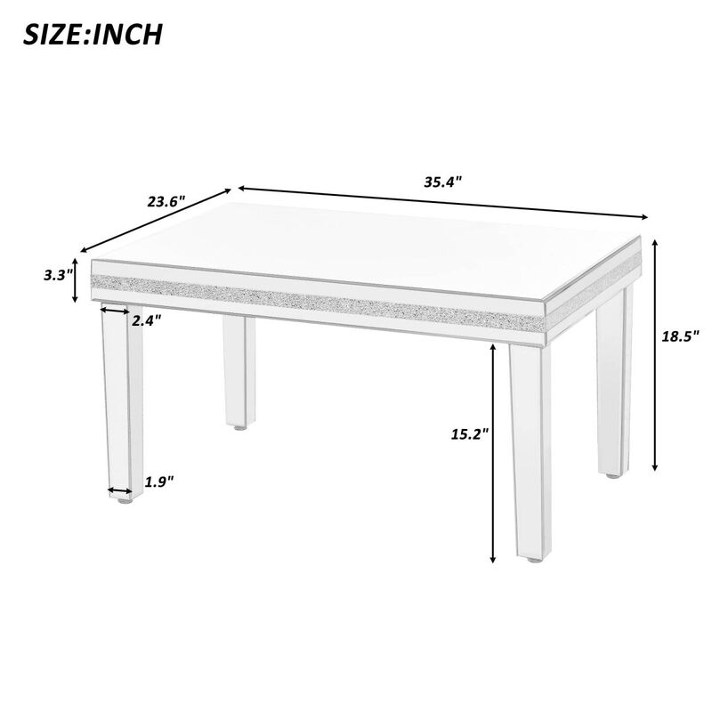 Modern Glass Mirrored Coffee Table with Crystal Design & Height-Adjustable Legs