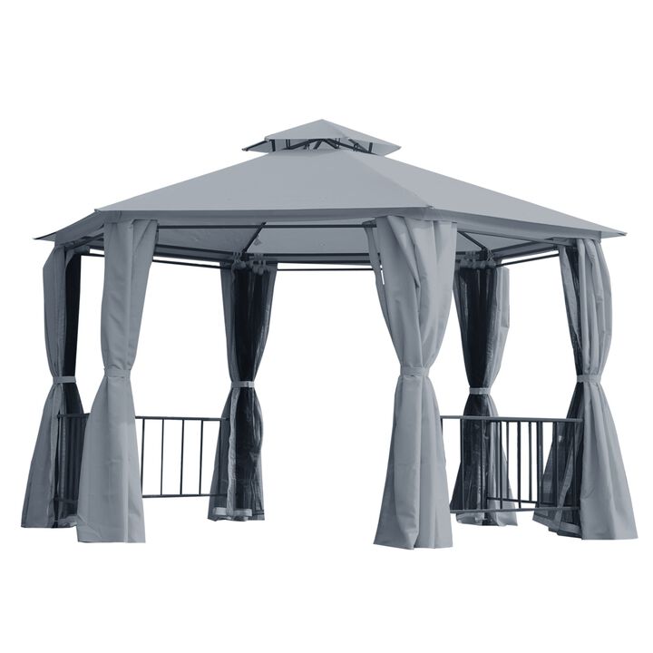 Gray Patio Canopy: 13'x13' Hexagon Gazebo with Double Tier Curtains