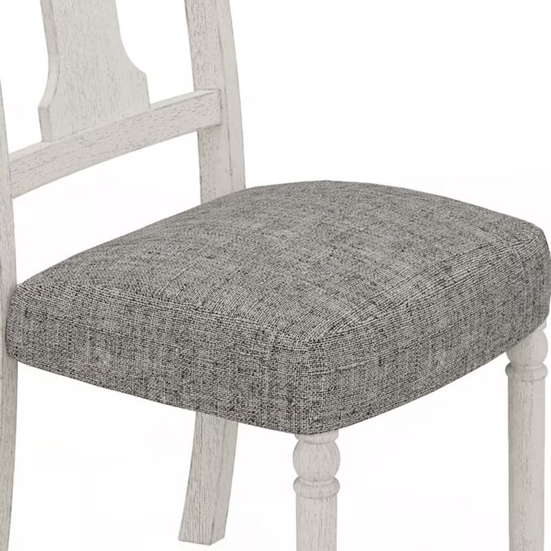 Sane 19 Inch Dining Side Chair Set of 2, Fiddleback, White Wood, Gray Linen - Benzara