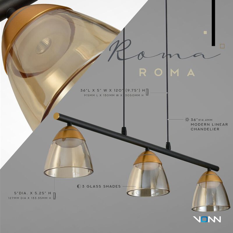 VONN Lighting 3-Light Height Adjustable Pendant Lighting Integrated LED Black Chandelier