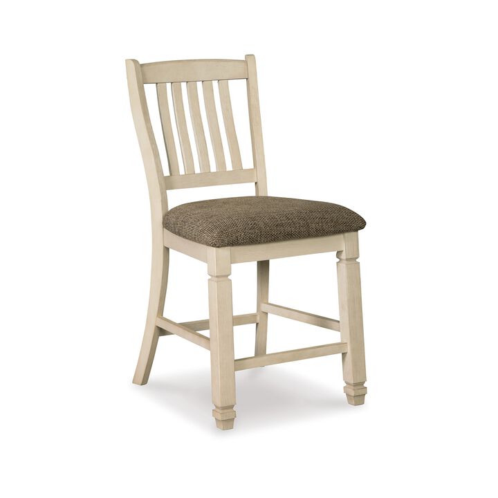 Bolan Counter Height Chair Set of 2, Rake Back, Antique White Wood - Benzara