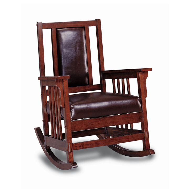 Mission Style Rocking Chair, Leather Upholstered Seat & Back, Tobacco and Dark Brown-Benzara