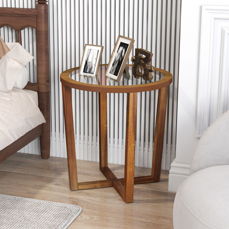 Modern Round End Table Sofa Side Table with Transparent Tempered Glass Top