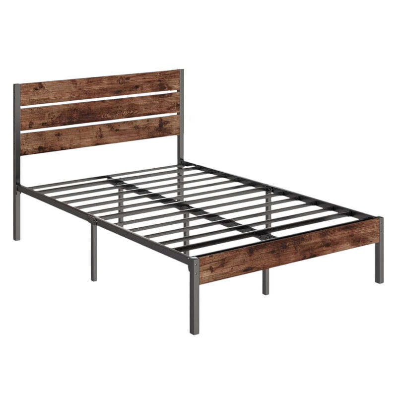 Metal Platform Bed Frame with Rustic Wood Headboard in Farmhouse Style