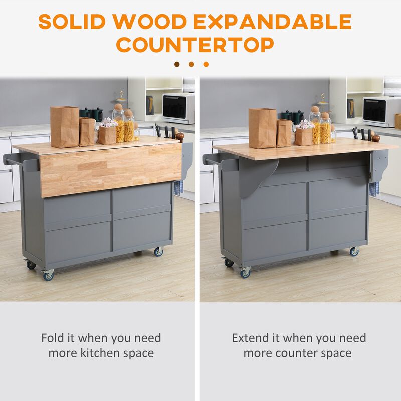 Dark Gray Kitchen Helper: Utility Cart with Drop-Leaf & Rubber Wood Top