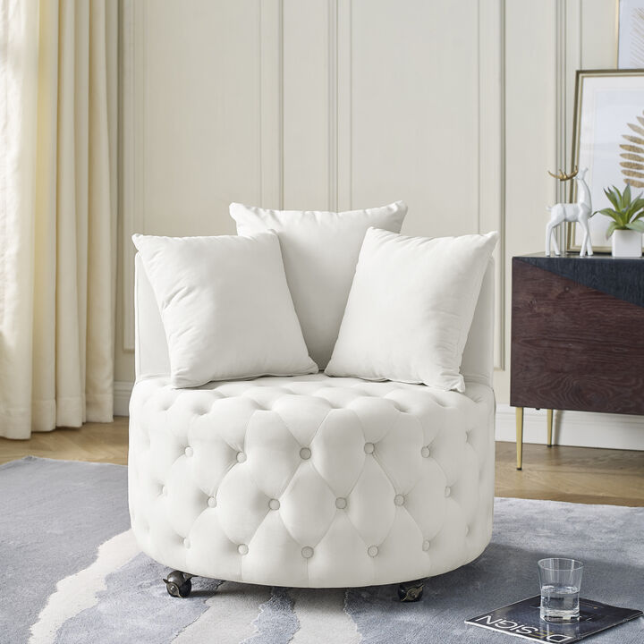 Velvet Swivel Chair with Tufted Design, Wheels, 3 Pillows