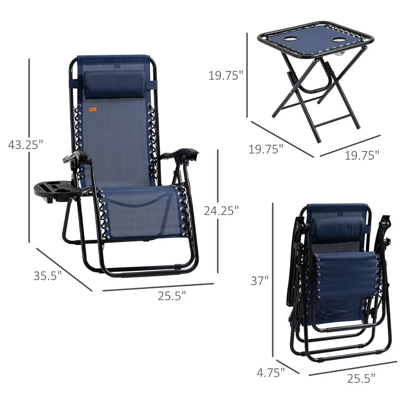 Blue Poolside Comfort: 3-Piece Zero Gravity Lounger Set with Table