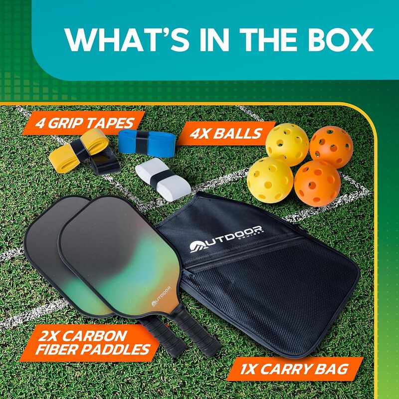 Outdoor Cruiser Pickleball Paddle Set – USAPA Approved, Premium Fiberglass Paddles with Lightweight Shock-Absorbing Grip, Includes 2 Rackets, 4 Balls, Grip Tapes, and Sling Carry Bag