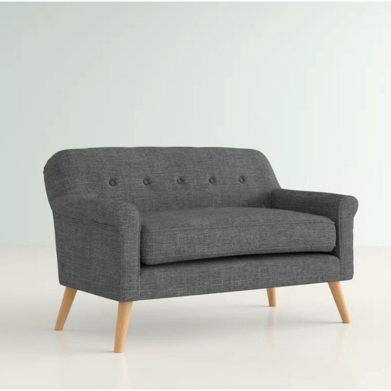 Loveseat, 50 Inch Smooth Tufted Gray Polyester, Natural Brown Wood - Benzara