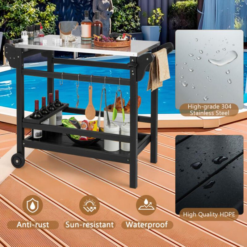 Hivvago Movable Outdoor Dining Cart Table HDPE Pizza Oven Stand Table with Stainless Steel Tabletop