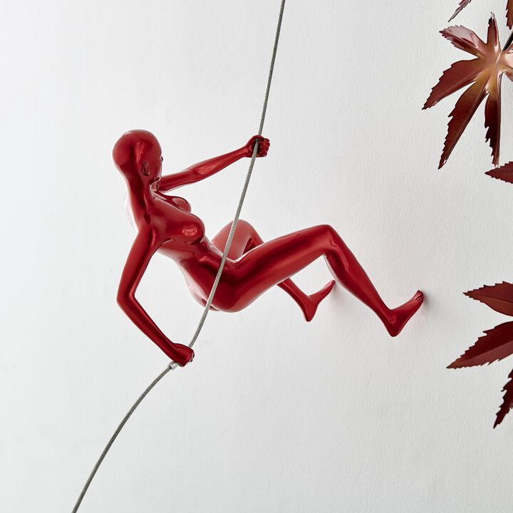 Climbing Woman Wall Sculpture Metallic Red Resin Handmade