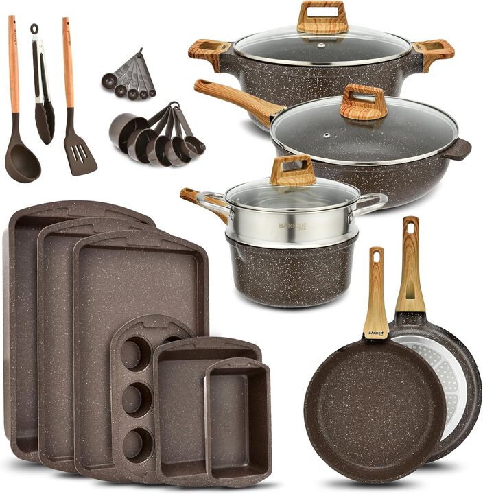 Kitchen Cookware Set - Nonstick Granite Coating, Pots and Pans with Handle Grips and Tempered Glass Lids, PFOA, PFOS, PTFE Free, Ceramic Max Temperature (Up To 500° F), Set of 20