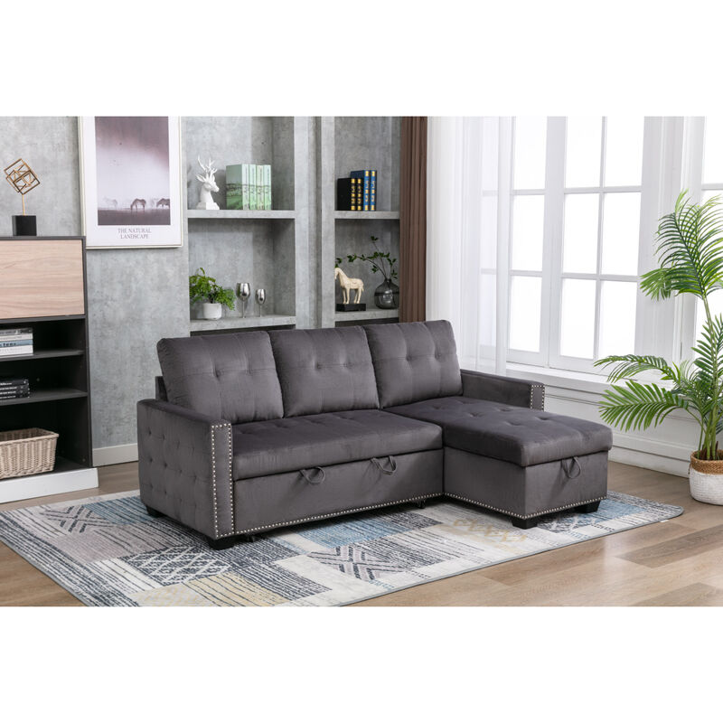 L-Shaped Velvet Sectional Sleeper Sofa, Dark Grey
