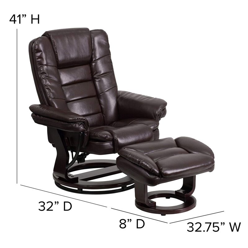 Flash Furniture Bali Contemporary Multi-Position Recliner with Horizontal Stitching and Ottoman with Swivel Mahogany Wood Base in Brown LeatherSoft