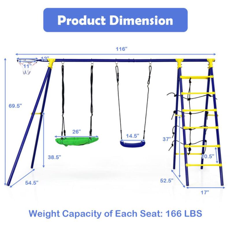 Hivvago 5-In-1 Outdoor Kids Swing Set with A-Shaped Metal Frame and Ground Stake
