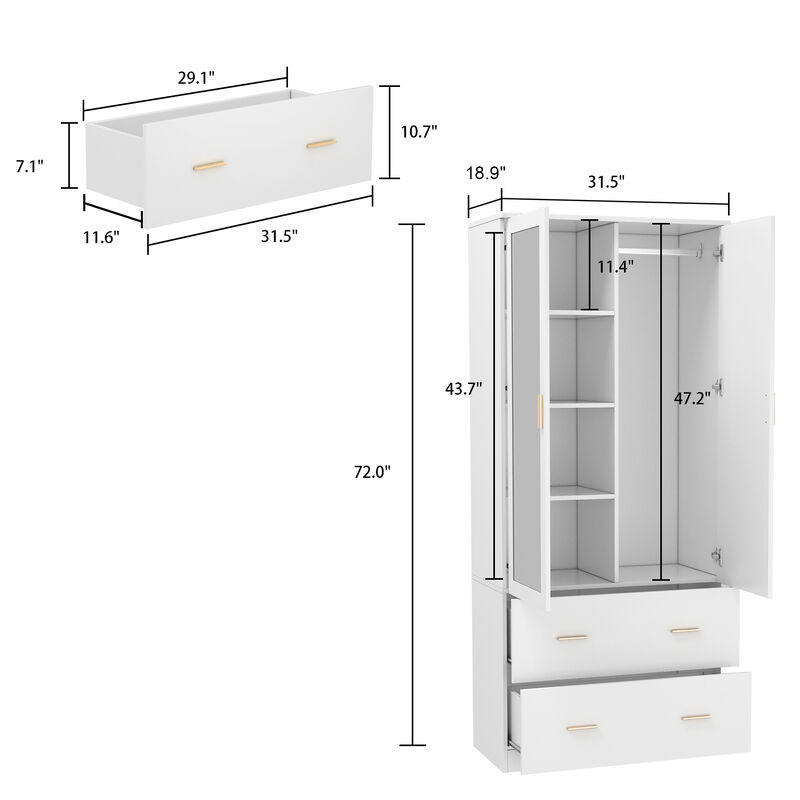 FUFU&GAGA Wardrobe with Full-Length Mirror, PB Particleboard & Paper Laminate (31.5" W x 72" H x 18.9" D)