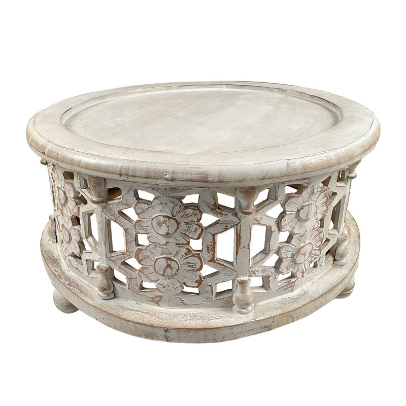 30 Inch Round 2 Piece Wood Coffee Table Set, Carved Floral Design, Antique White-Benzara