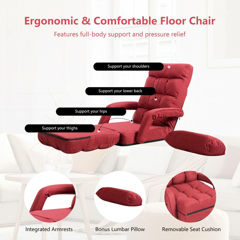 Folding Lazy Floor Chair Sofa with Armrests and Pillow
