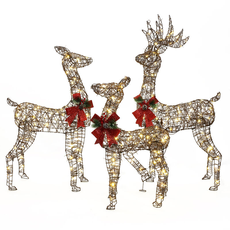 LuxenHome 3-Piece Rattan and Iron Deer Family Outdoor Holiday Decoration with Lights