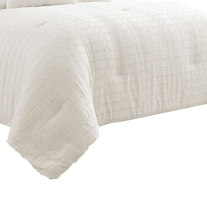 7 Piece Cotton Queen Comforter Set with Fringe Details, White-Benzara