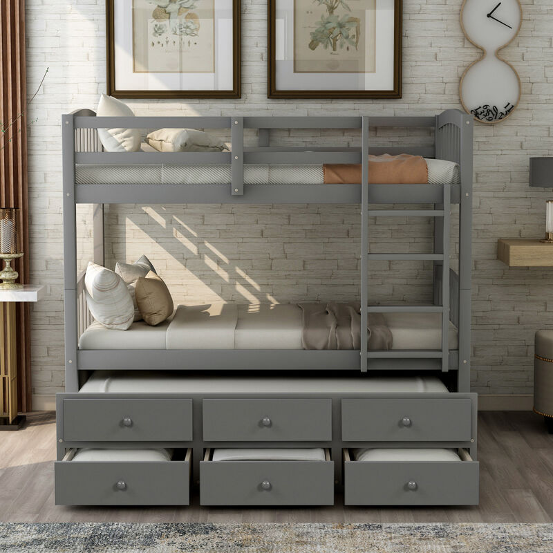 Twin Bunk Bed With Ladder, Safety Rail, Twin Trundle Bed With 3 Drawers For Teens Bedroom